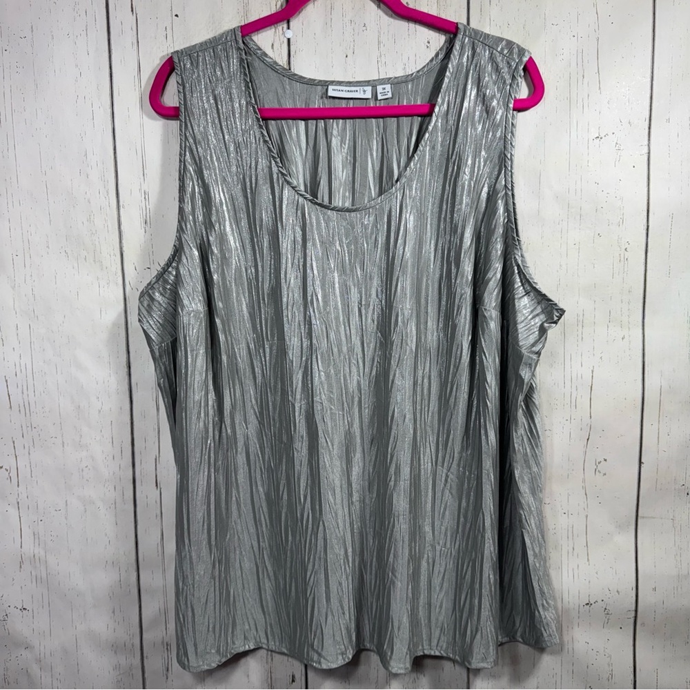 Susan Graver Tunic Top Silver Pleated Metallic Shimmering Crinkle Relaxed Fit